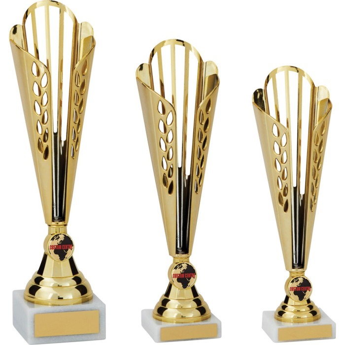 GOLD  FLUTED PLASTIC TROPHY CUP ON GOLD HOLDER WITH CUSTOM CENTRE AVAILABLE IN 3 SIZES